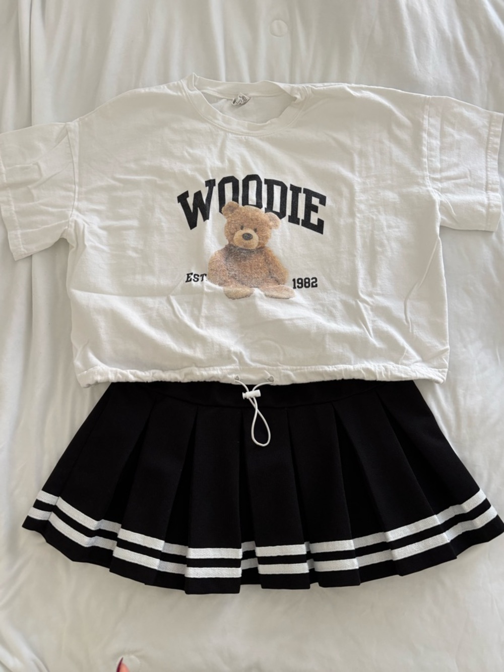 White 'Woodie' Teddy Tee and Black Pleated Skirt Matching Set